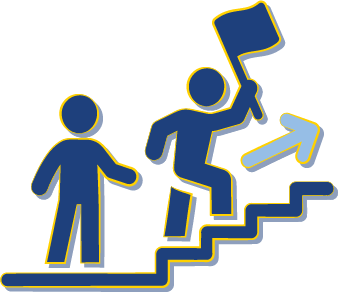 2D icon of two people going ip stairs with a flag