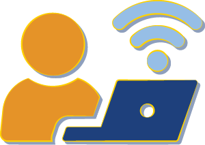 2D icon of a person sitting next to a laptop