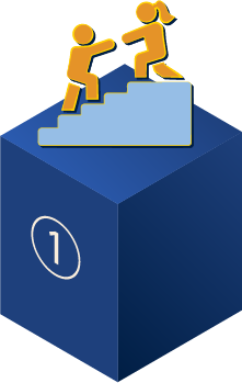 2D graphic of one person helping another person up a flight of stairs.