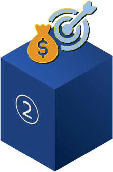 2D graphic of a bag of money with a target next to it.